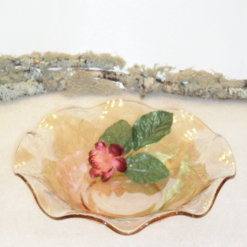 Vintage 1950s JEANETTE GLASS COMPANY Floragold Louisa Iridescent Bowl 9.5" Diam